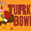 6684 - Turkey Bowl - HD Title Slide Cartoon turkey in football jersey with text "Turkey Bowl" on orange background