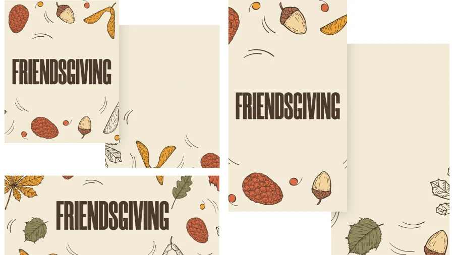 6802 - Friendsgiving Social Graphics Warm autumn leaves and acorns frame the text "FRIENDSGIVING," celebrating community and gratitude in faith.