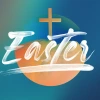 6950 - Easter - HD Title Slide Artistic Easter graphic with brushed white "Easter" text, gold cross and orange circle element on gradient blue background
