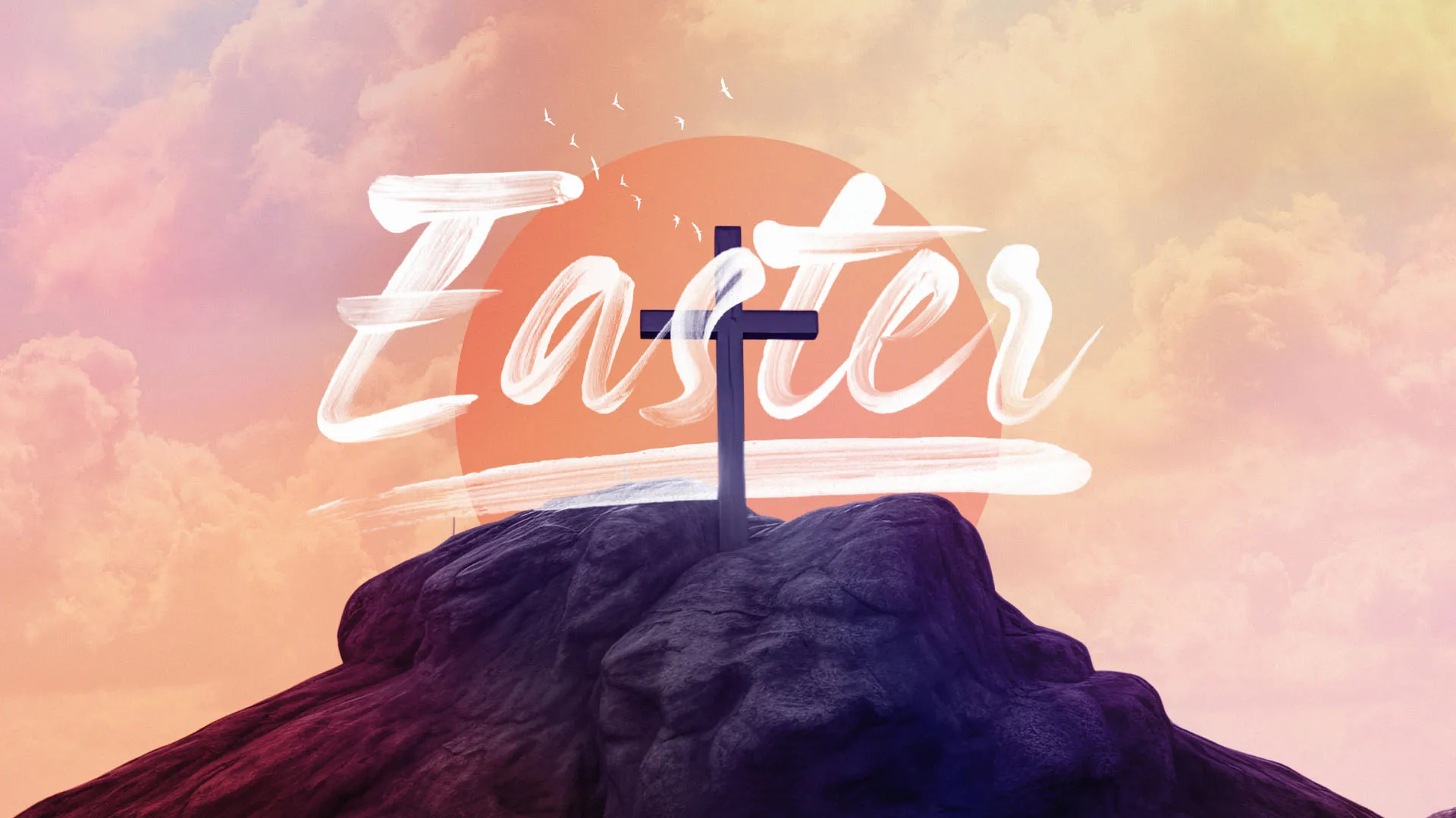Photo-driven Easter graphic with purple mountain and cross silhouette against orange-pink sunrise sky with white brush-stroke "Easter" text and small birds in flight