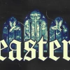 6995 - Easter - HD Title Slide Easter church graphic with Gothic stained glass windows featuring cross and doves with bold "EASTER" typography on dark background.