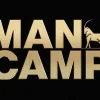 7030 - Man Camp - HD Title Slide Bold gold metallic "MAN CAMP" text with ram icon on black background for church men's ministry event
