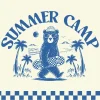 7032 - Summer Camp - HD Title Slide Vintage blue illustration of skateboarding bear with sunglasses and "Summer Camp" text with palm trees and beach scene for church kids program