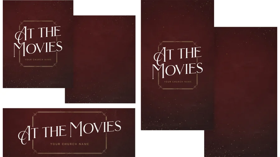 "At the Movies" event theme on maroon background for church community gatherings.