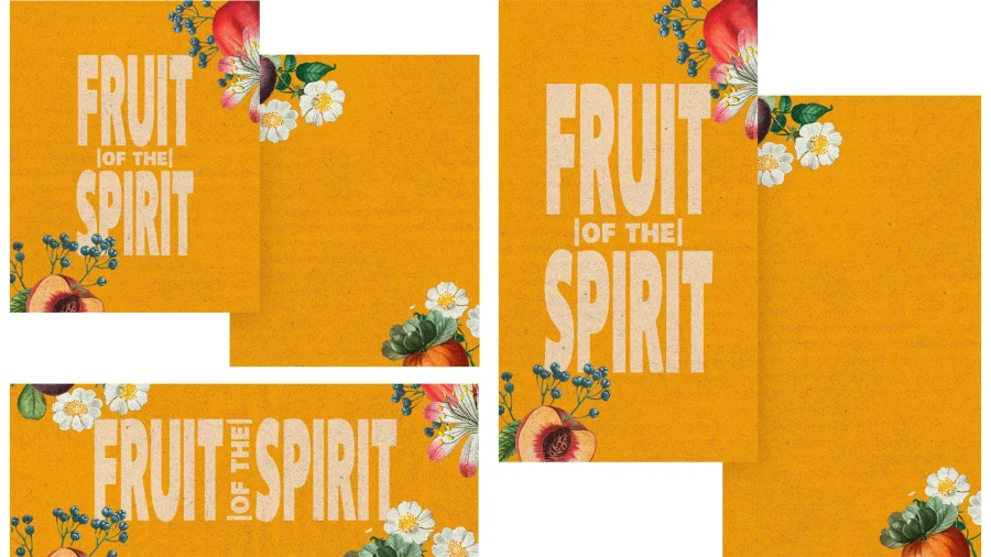 Fruit of the Spirit text on orange background with floral and fruit illustrations.
