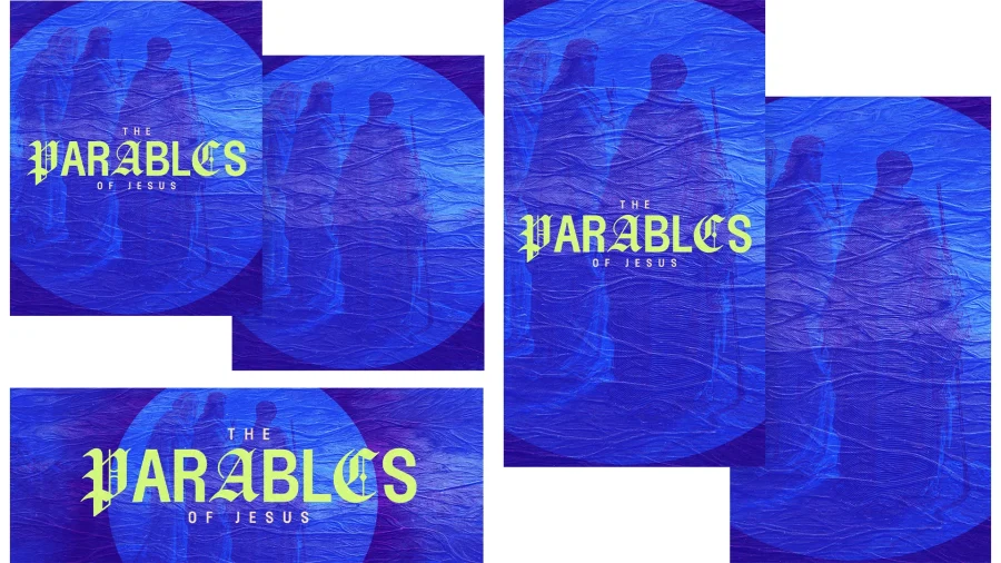 7223 - The Parables of Jesus - Social Graphics The Parables of Jesus text with figures, blue textured background, spiritual theme.