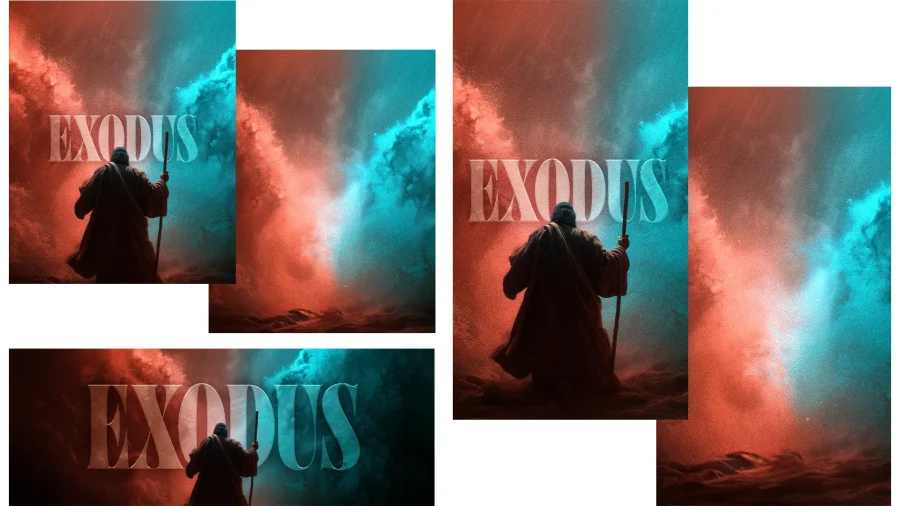 Moses parting the Red Sea; vibrant red and blue waves; bold "Exodus" text symbolizing faith and deliverance.