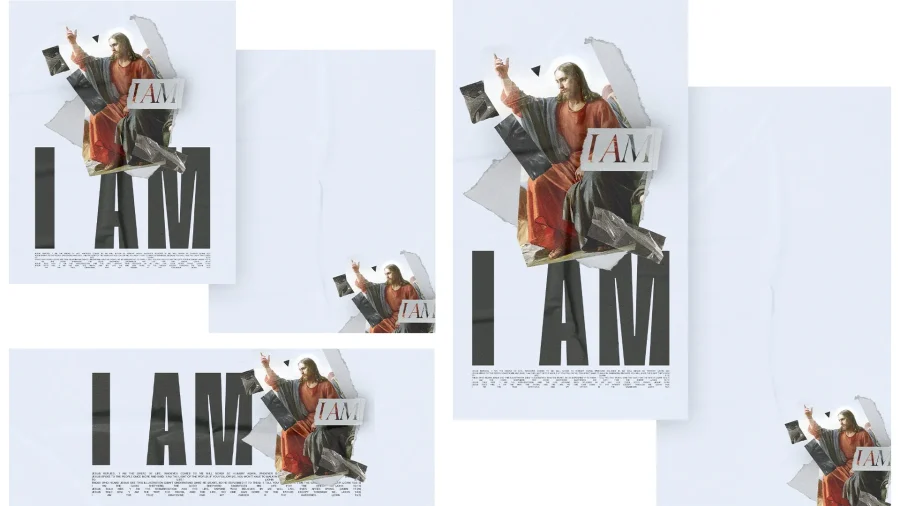 Jesus pointing upwards over bold "I AM" text, symbolizing divine presence and faith declaration.
