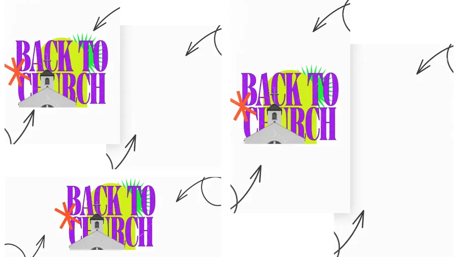 Colorful "Back to Church" text over church silhouette with arrows and abstract shapes, promoting community worship.