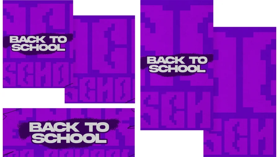 Back to School event promo in bold text, vibrant purple theme, signifying community and new beginnings.