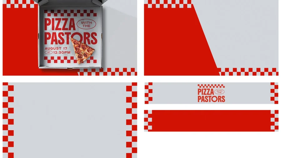 7245 - Pizza With The Pastor - Screen Graphics Pizza with Pastors event flyer featuring a pizza slice on August 17, 12:30 PM; red and white checkered design.