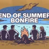 7248 - End Of Summer Bonfire - HD Title Slide Group gathered by a bonfire at lakeside, sunset sky; text reads "End of Summer Bonfire."