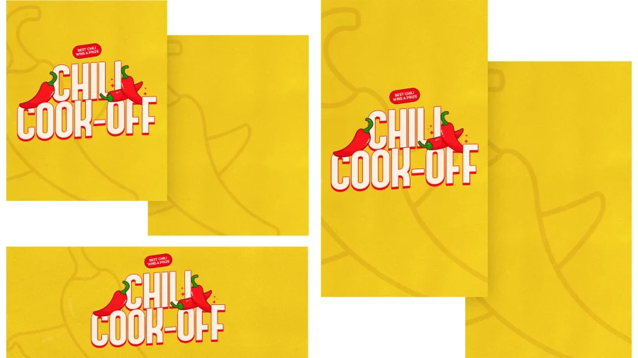 Chili Cook-Off banner with red chilies on a bright yellow background, promoting a fun church community event.