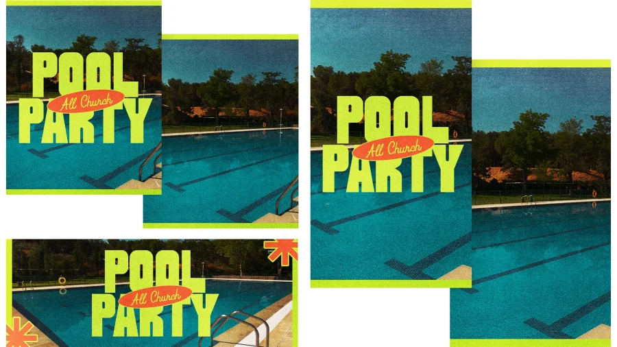 7262 - All Church Pool Party - Social Graphics "All Church Pool Party announcement by a pool, inviting community fellowship and summer fun."
