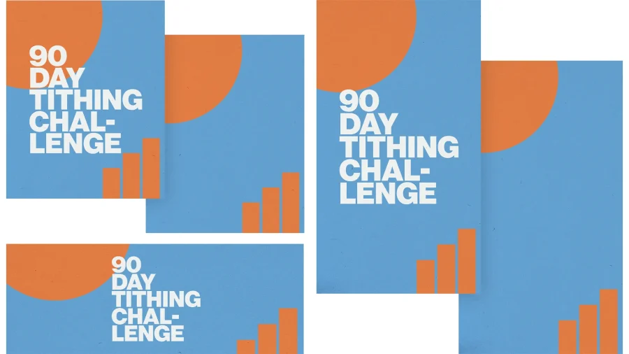 7267 - 90 Day Tithing Challenge - Social Graphics "90 Day Tithing Challenge on blue background with orange graph and semicircle design, promoting church giving initiative."