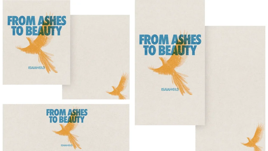 "From Ashes to Beauty" with Isaiah 61:3 and a soaring golden bird, symbolizing transformation and hope.