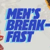 7277 - Mens Breakfast - HD Title Slide Men's Breakfast event banner with bacon, burrito, and abstract blue lines. Community gathering, fellowship, and faith.
