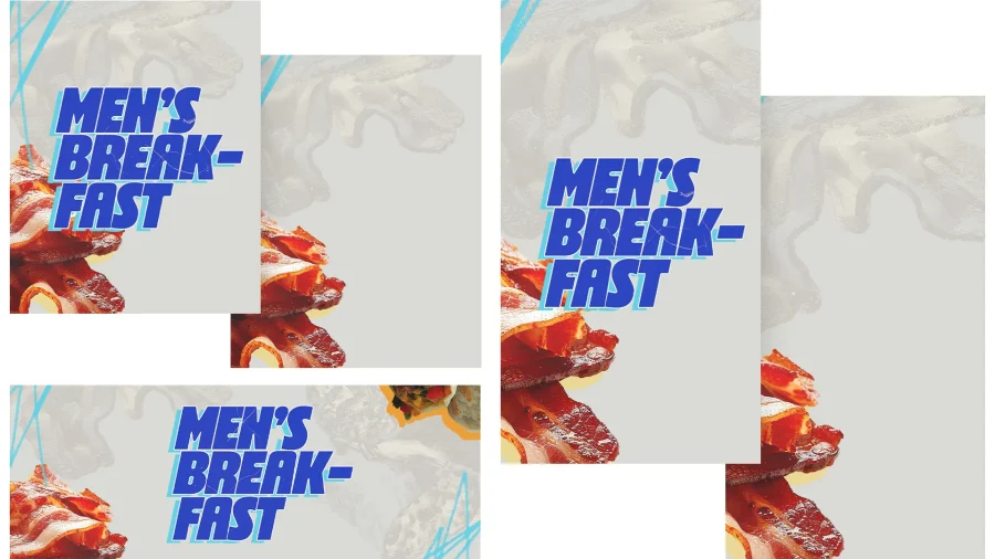 7277 - Mens Breakfast - Social Graphics Men's breakfast event with bacon, promoting fellowship and community in a church setting.