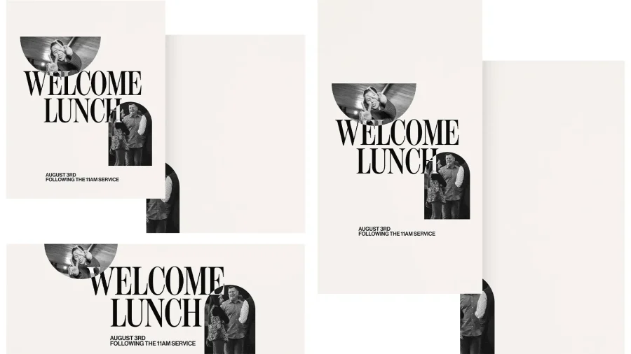 Welcome lunch announcement featuring joyful community interaction, inviting fellowship after worship service.