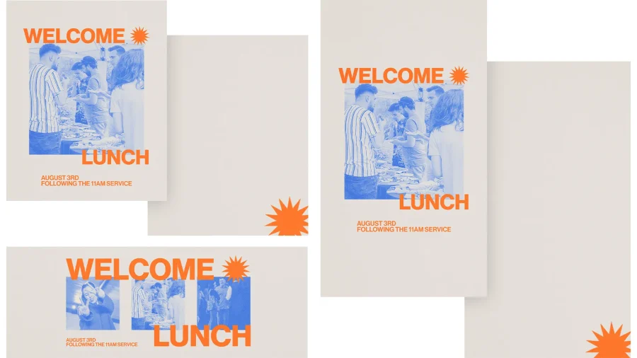 Welcome lunch announcement featuring community gathering, food, and fellowship after the 11 AM service on August 3rd.