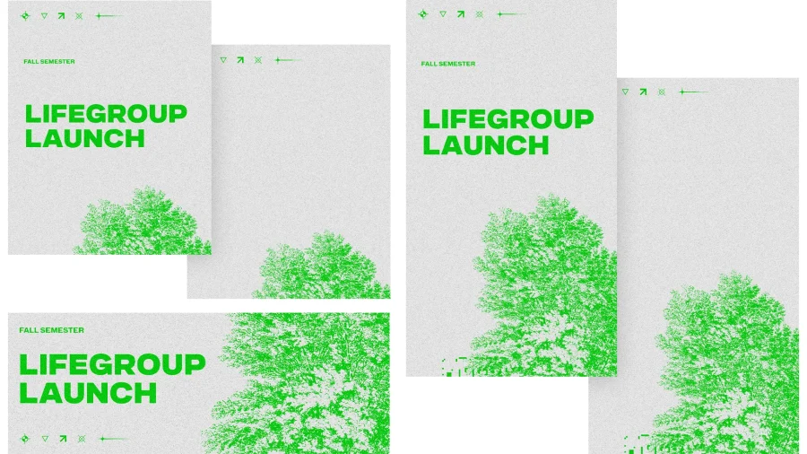 Lifegroup launch announcement for fall semester, featuring vibrant green trees symbolizing growth and community.