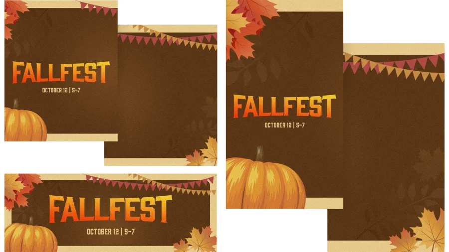 FallFest celebration details with pumpkins, autumn leaves, and festive bunting, inviting community fellowship on October 12.