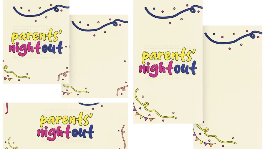 Colorful "Parents' Night Out" graphic with playful swirls and confetti, inviting community engagement and fellowship.