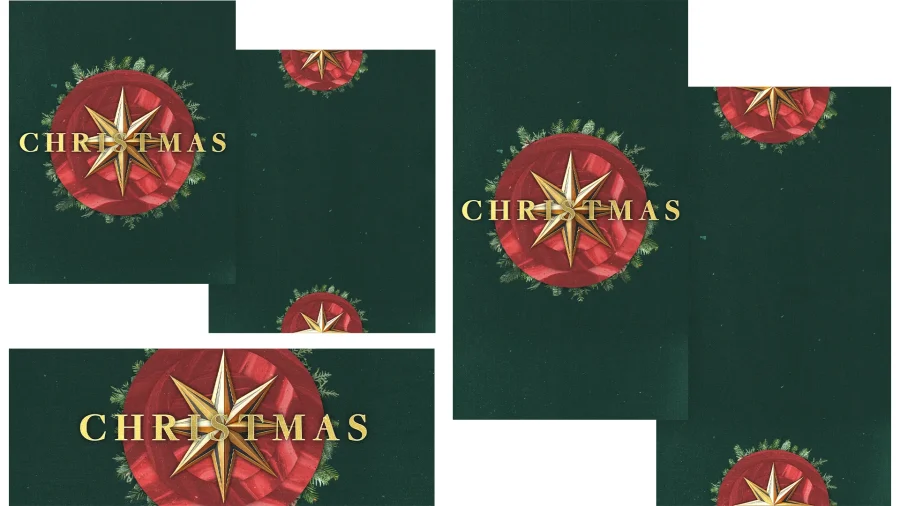 Green background with red circular decorations and a golden star, featuring the word "CHRISTMAS" in bold letters.