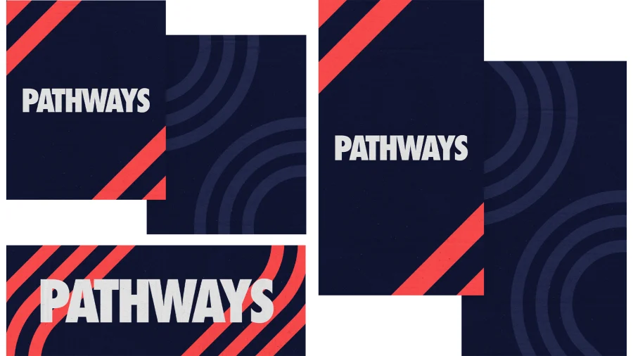 Bold "PATHWAYS" text on a dark background with dynamic red and blue lines, symbolizing faith journeys and community growth.