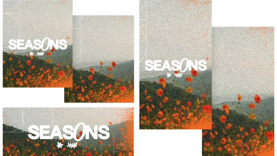 7325 Seasons Social Graphics Colorful flowers bloom over a serene landscape, with "SEASONS" prominently displayed, symbolizing faith and renewal.