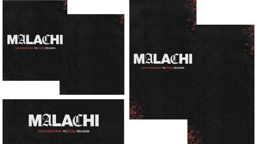 Malachi: God's response to false religion, featuring a dark background with striking red accents, emphasizing faith and truth.