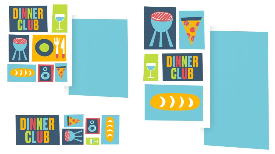 Colorful graphics promoting a "Dinner Club" with images of food, drinks, and community gatherings, fostering fellowship and connection.
