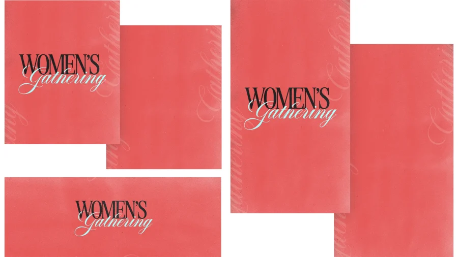 Coral background featuring "WOMEN'S Gathering" in bold black and elegant script, symbolizing community and fellowship.