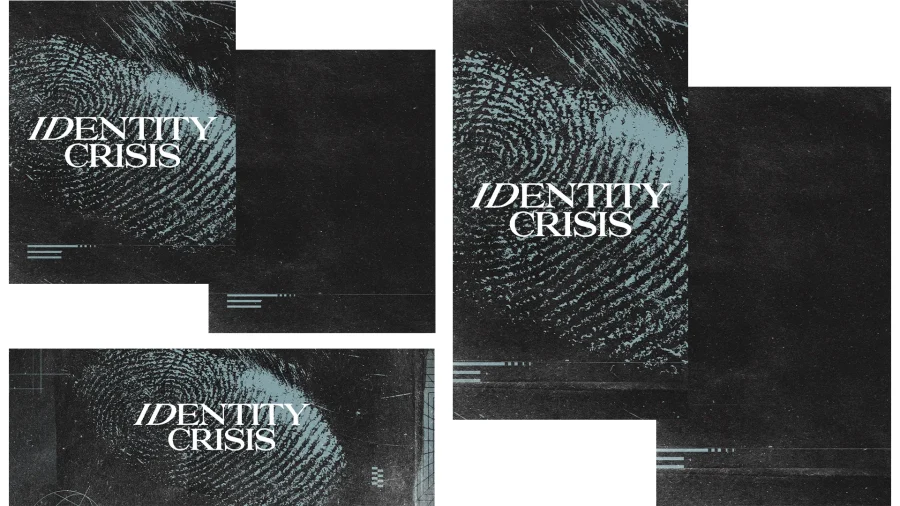 7345 - Identity Crisis Social Graphics Bold text "IDENTITY CRISIS" overlaid on textured fingerprint background, symbolizing faith and personal discovery in community.