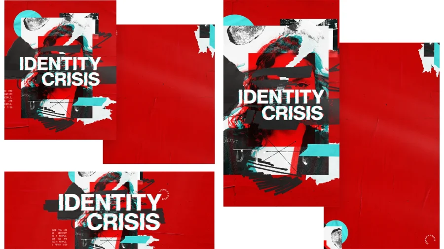 7346 - Identity Crisis Social Graphics Bold text "IDENTITY CRISIS" on a vibrant red background, symbolizing faith and self-discovery in a spiritual context.