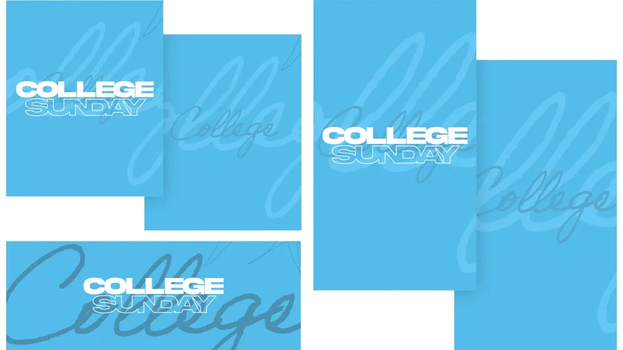 Bright blue background with "COLLEGE SUNDAY" prominently displayed, emphasizing community and faith engagement for students.