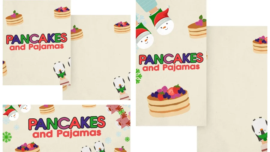 "Pancakes and Pajamas" event graphic featuring festive pancakes and cheerful characters, promoting community and fellowship.