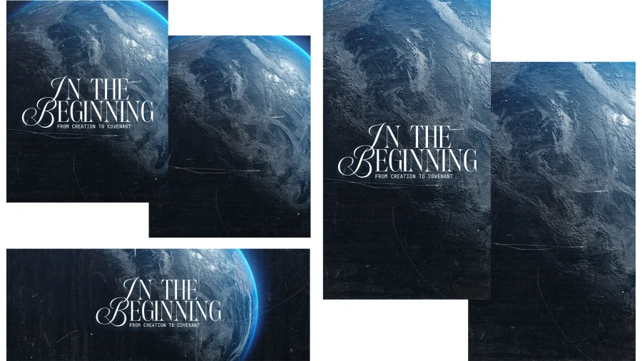 "Stylized Earth with 'In the Beginning' text, emphasizing creation and covenant themes for worship and community reflection."