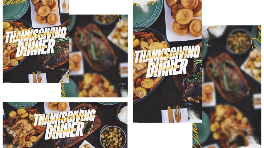 7381 - Thanksgiving Dinner Social Graphics Thanksgiving dinner spread with roasted turkey, sides, and festive decor, celebrating community and gratitude in faith.