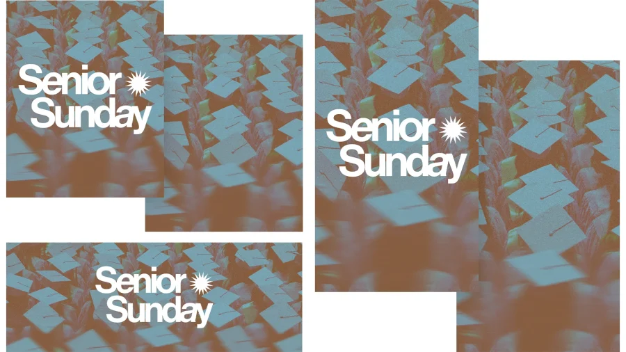 "Senior Sunday celebration graphic featuring graduation caps, symbolizing achievement and community in faith."