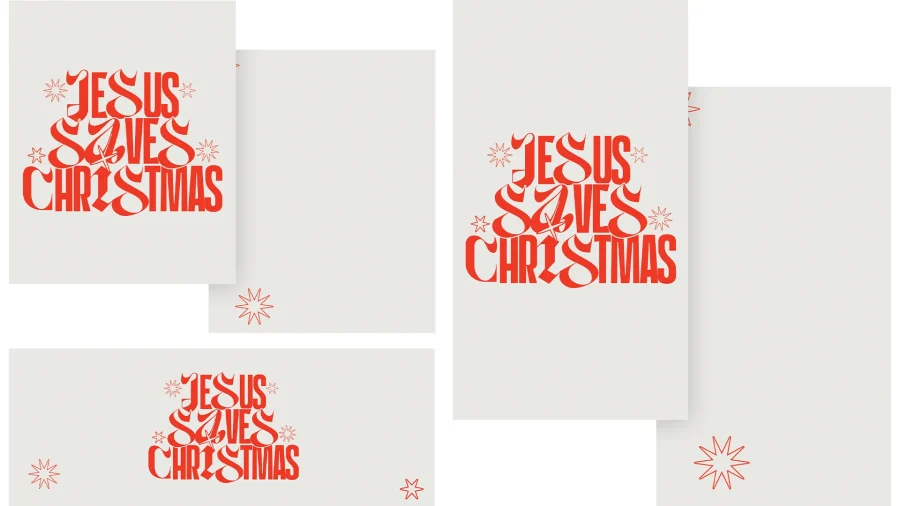 Bold text reads "Jesus Saves Christmas" with decorative stars, conveying joy and celebration of faith during the season.
