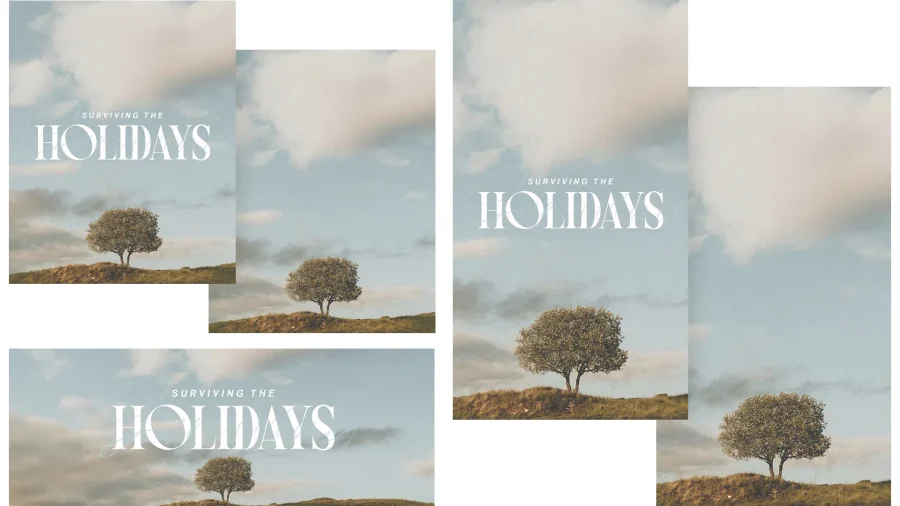"Tree on a hillside under a serene sky, with 'Surviving the Holidays' text, symbolizing faith and community support."