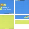7400 - Luke Screen Graphics Bright blue and green backgrounds feature "Luke: Getting to Know Jesus" with icons symbolizing faith and community.
