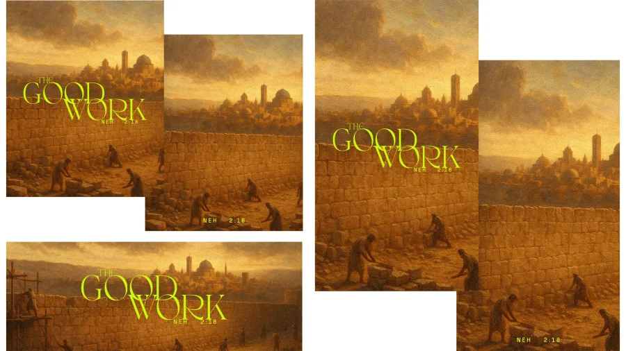 Workers rebuilding a wall at sunset, symbolizing faith and community in Nehemiah 2:18, with "The Good Work" prominently displayed.