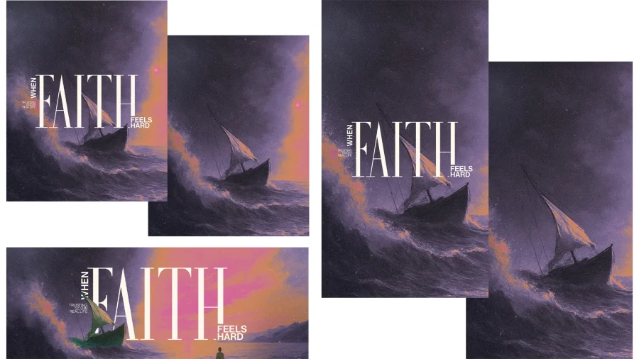 Sailboats navigate turbulent seas under a dramatic sky, symbolizing faith amidst life's challenges and uncertainties.