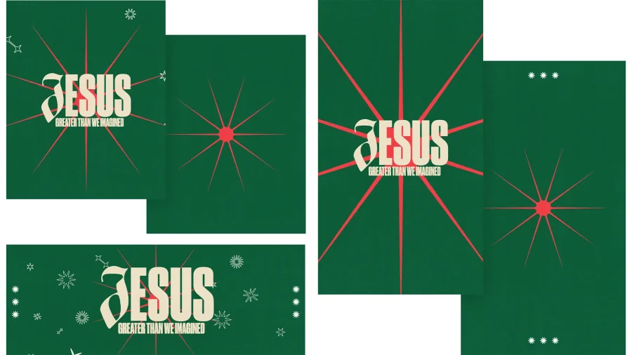 Green backgrounds with starburst designs and the text "JESUS Greater Than We Imagined," emphasizing faith and worship.