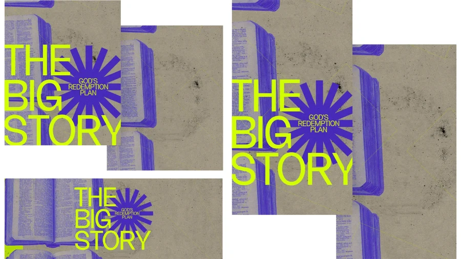 Bold text reads "THE BIG STORY" with "GOD'S REDEMPTION PLAN," surrounded by stylized open Bibles and vibrant graphics.
