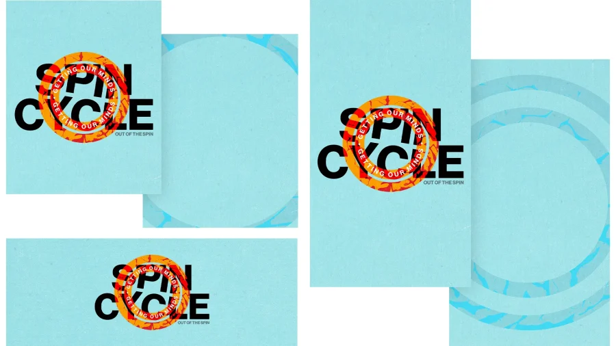 7452 - Spin Cycle Social Graphics Colorful circular design with bold text emphasizing community, faith, and spiritual growth, inviting reflection and connection.