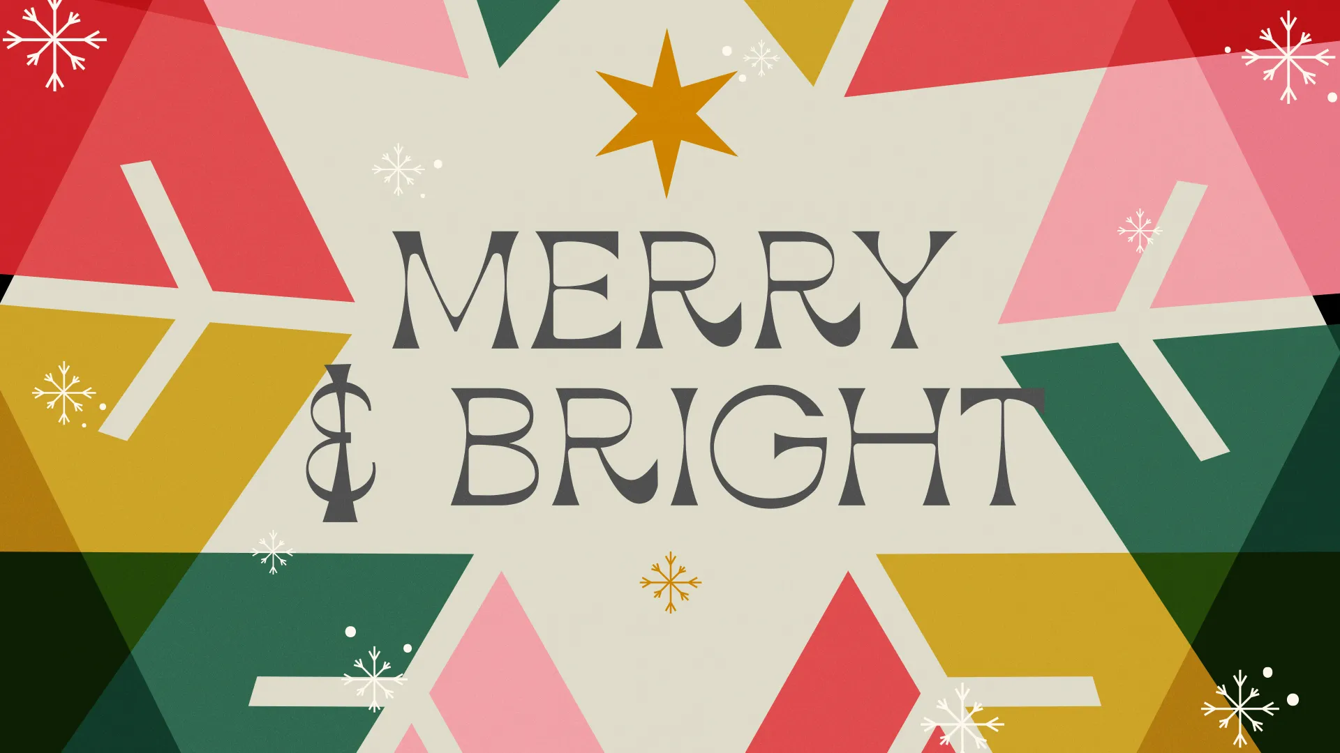 Merry and Bright in bold letters surrounded by colorful triangles and snowflakes, celebrating faith and community joy.