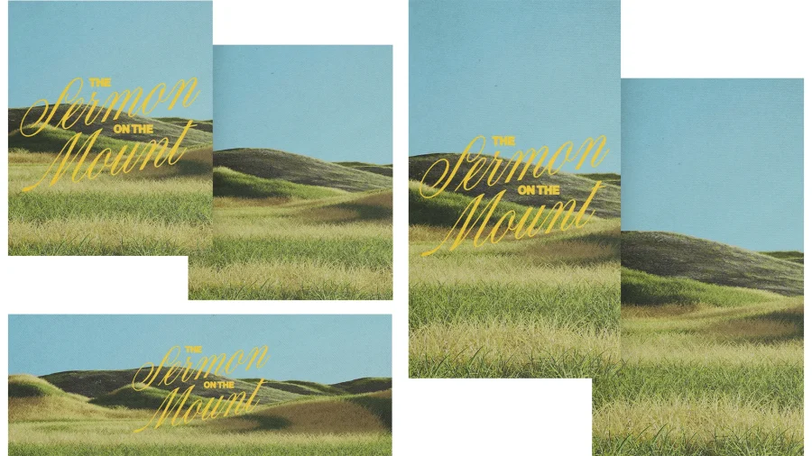 "Golden text 'The Sermon on the Mount' over serene green hills, symbolizing faith and biblical teachings."